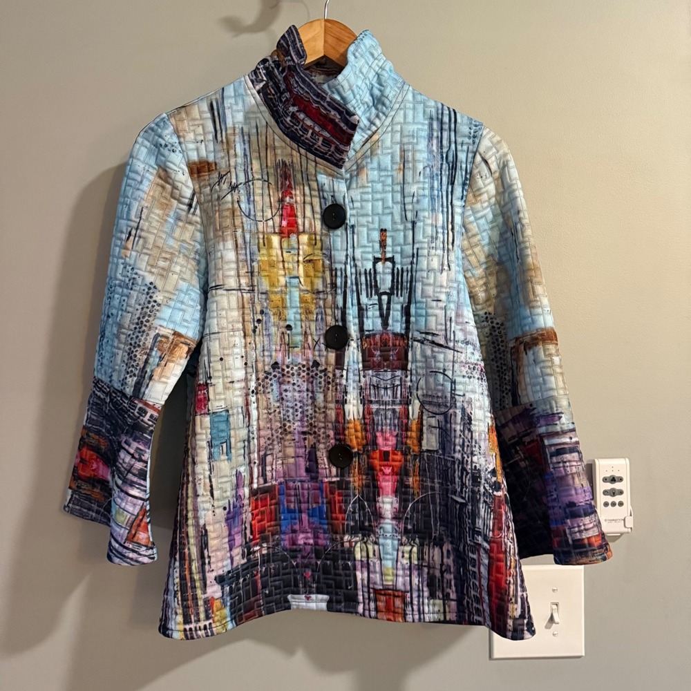 Damee Quilted Jacket Women PM Blue NYC Skyline Abstract Art To Wear Coat